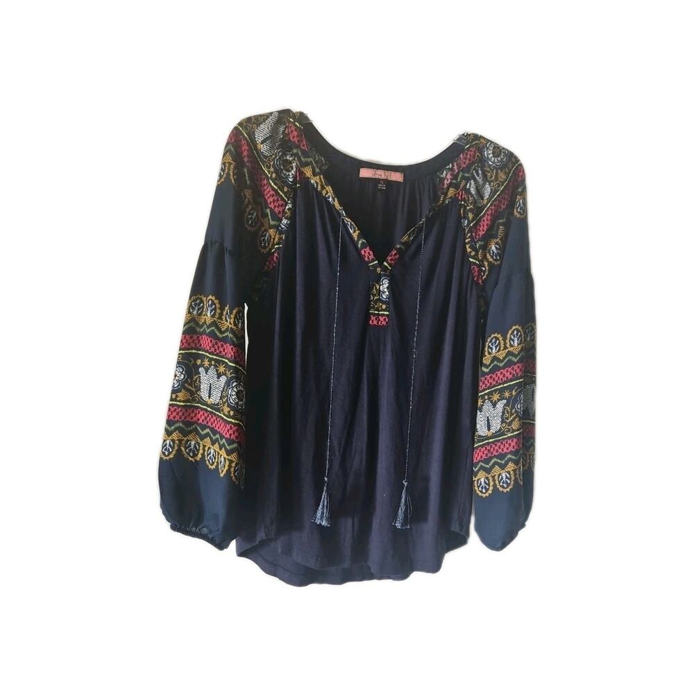 Olive Hill Peasant Blouse Women's Sz S Blue Navy Multicolor Trim Neck/Sleeve